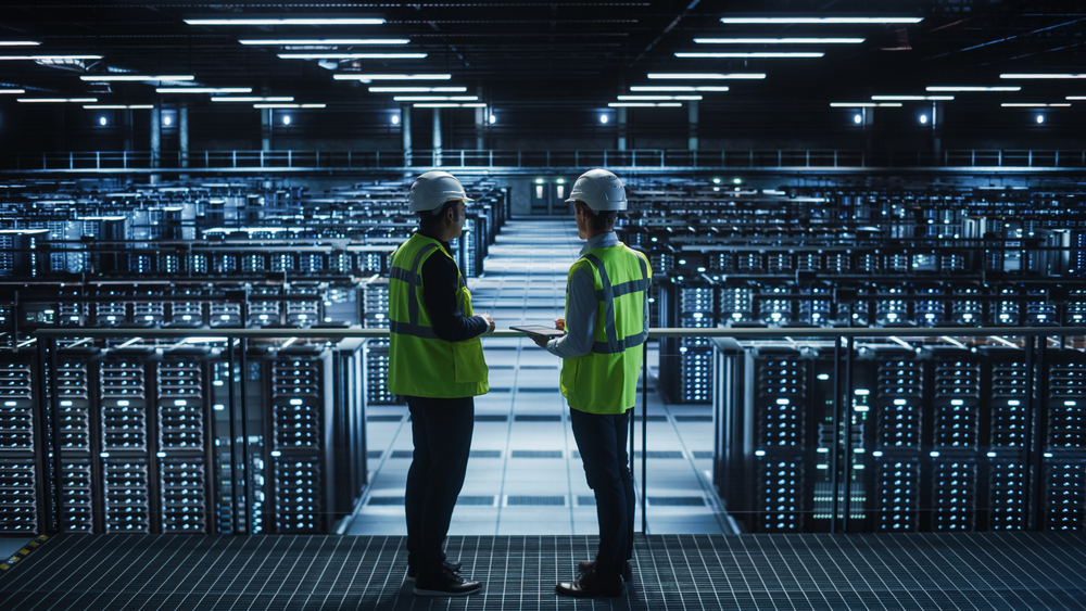 Data Center IT Specialist and System administrator Talking, Using Tablet Computer, Wearing Safety West.