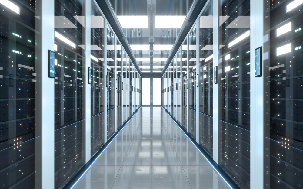 Server racks in computer network security server room data center