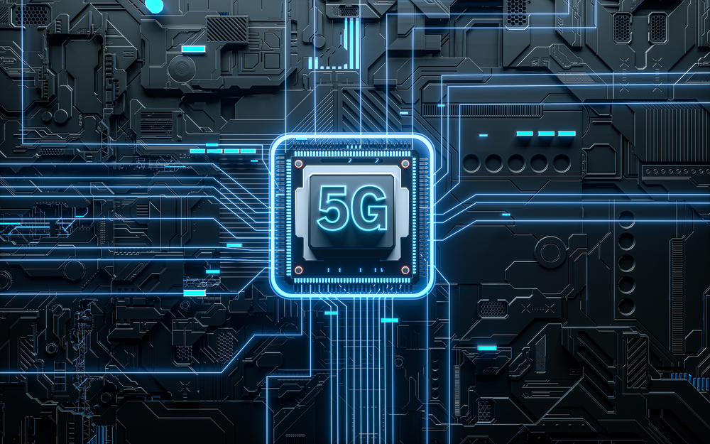 3D Illustration of 5G Technology and Smart Motherboard Chip